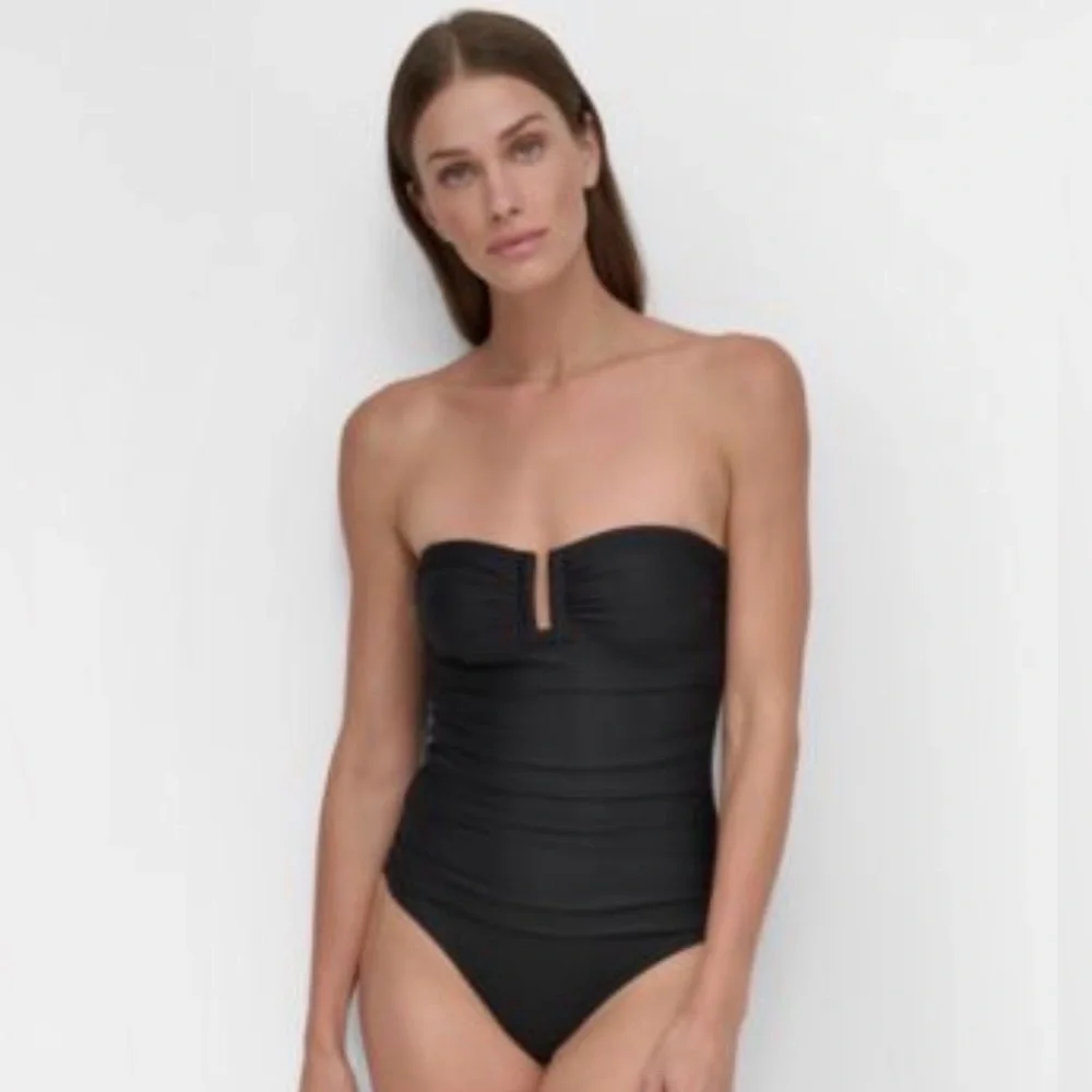 DKNY Black U-Wire Bandeau One Piece Swimsuit Tummy Control Removable Straps - Picture 3 of 7